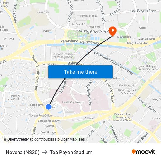 Novena (NS20) to Toa Payoh Stadium map