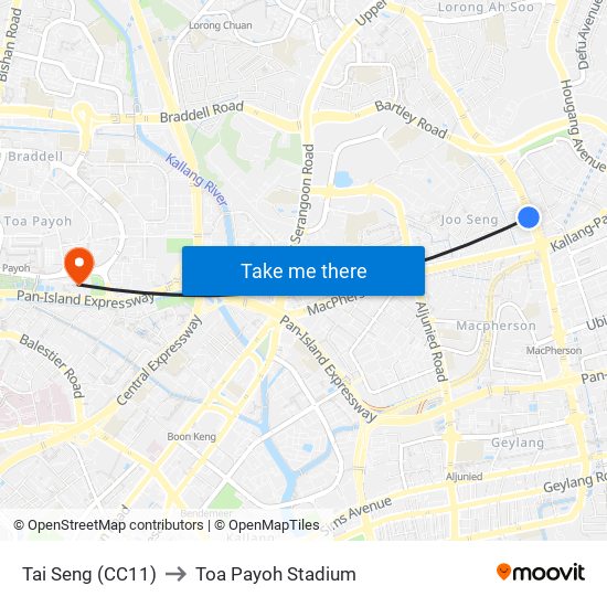 Tai Seng (CC11) to Toa Payoh Stadium map