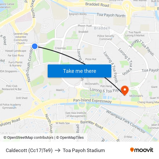 Caldecott (Cc17|Te9) to Toa Payoh Stadium map