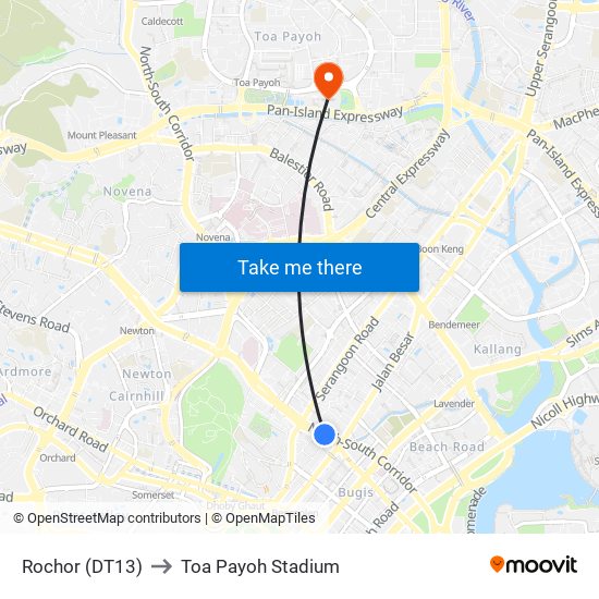 Rochor (DT13) to Toa Payoh Stadium map