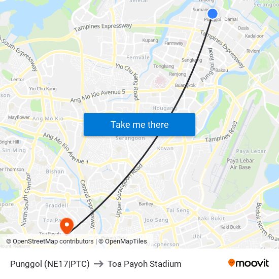 Punggol (NE17|PTC) to Toa Payoh Stadium map