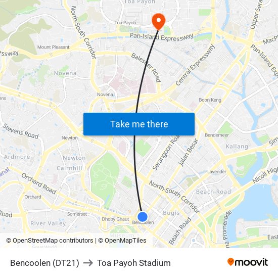 Bencoolen (DT21) to Toa Payoh Stadium map