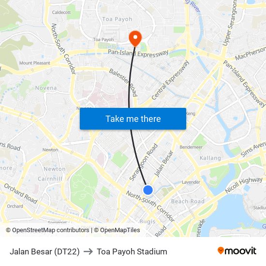 Jalan Besar (DT22) to Toa Payoh Stadium map