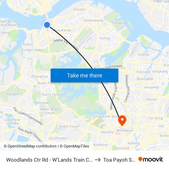 Woodlands Ctr Rd - W'Lands Train Checkpt (46069) to Toa Payoh Stadium map