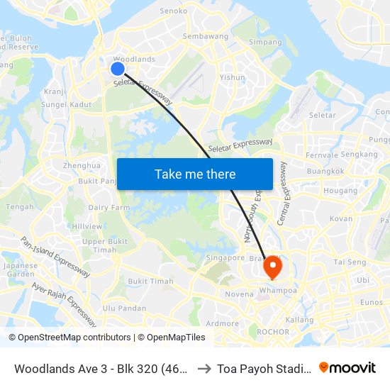 Woodlands Ave 3 - Blk 320 (46539) to Toa Payoh Stadium map