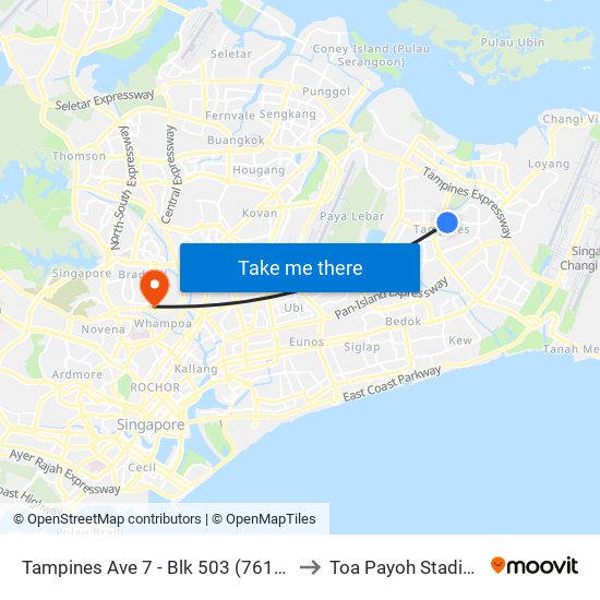 Tampines Ave 7 - Blk 503 (76199) to Toa Payoh Stadium map