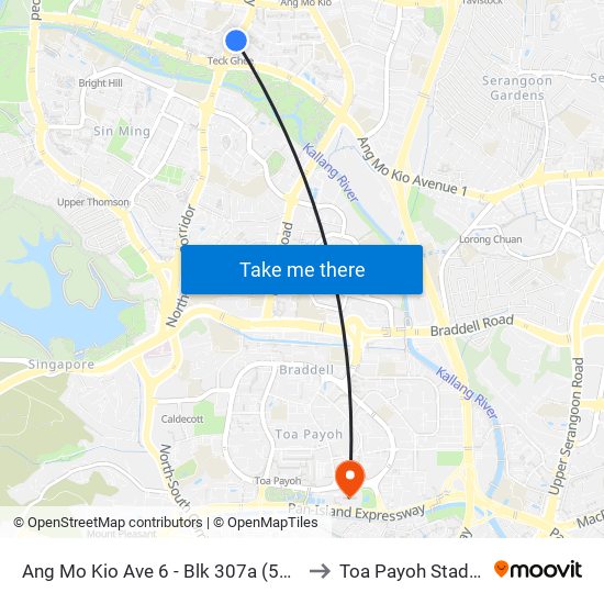 Ang Mo Kio Ave 6 - Blk 307a (54019) to Toa Payoh Stadium map