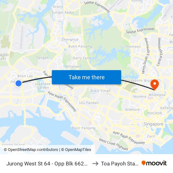 Jurong West St 64 - Opp Blk 662c (22499) to Toa Payoh Stadium map