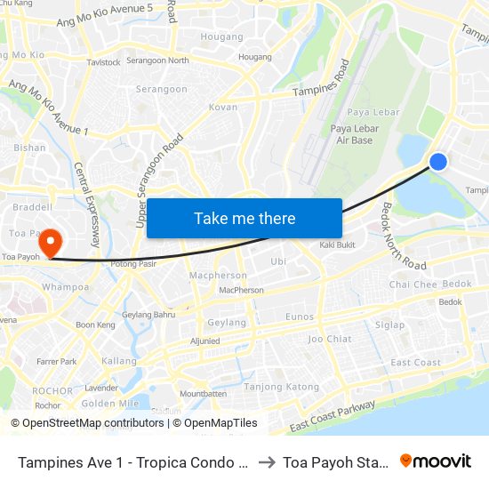 Tampines Ave 1 - Tropica Condo (75259) to Toa Payoh Stadium map