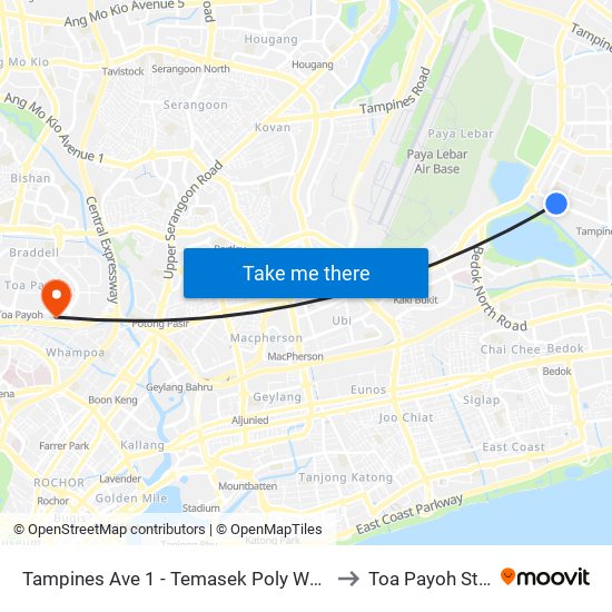 Tampines Ave 1 - Temasek Poly West G (75249) to Toa Payoh Stadium map