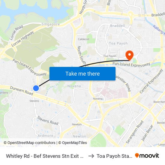 Whitley Rd - Bef Stevens Stn Exit 4 (40239) to Toa Payoh Stadium map