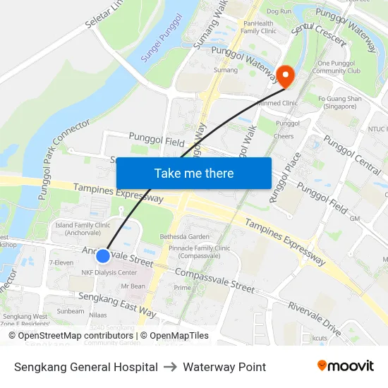 Sengkang General Hospital to Waterway Point map