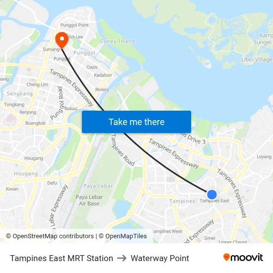 Tampines East MRT Station to Waterway Point map