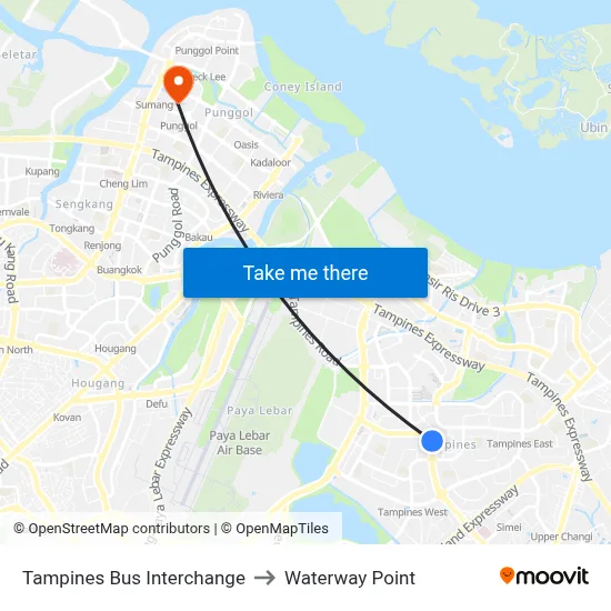 Tampines Bus Interchange to Waterway Point map