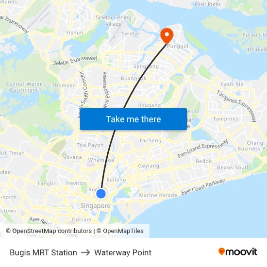 Bugis MRT Station to Waterway Point map