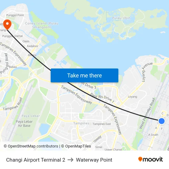 Changi Airport Terminal 2 to Waterway Point map