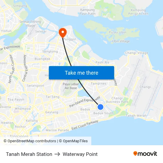Tanah Merah Station to Waterway Point map