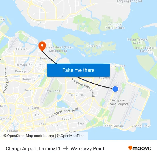 Changi Airport Terminal 1 to Waterway Point map