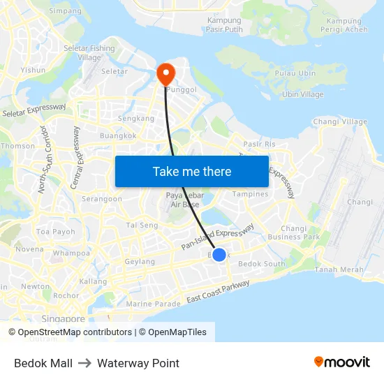 Bedok Mall to Waterway Point map