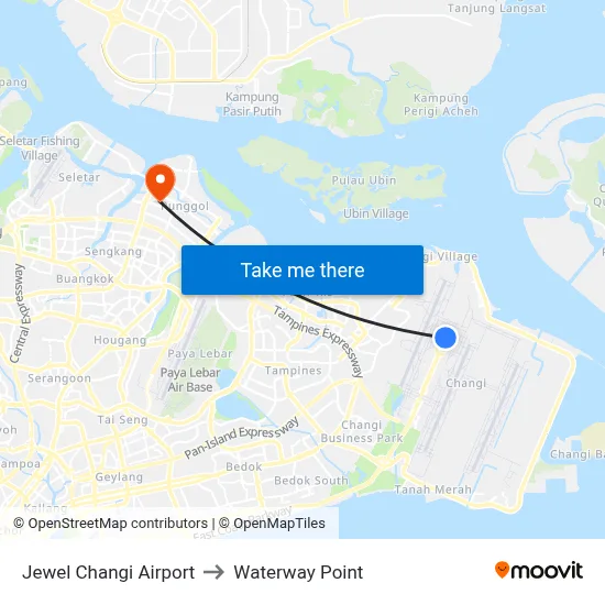 Jewel Changi Airport to Waterway Point map