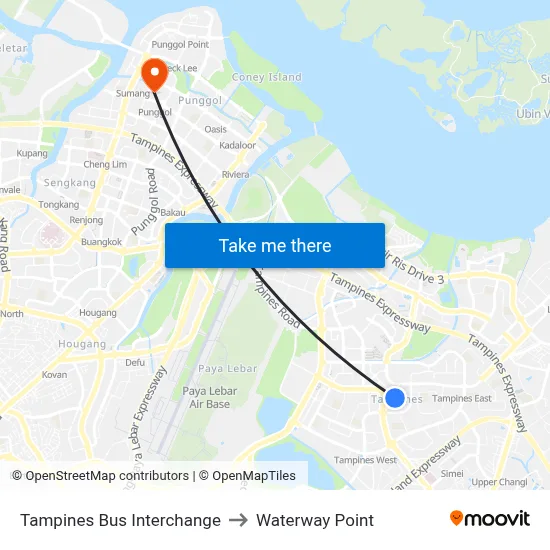 Tampines Bus Interchange to Waterway Point map