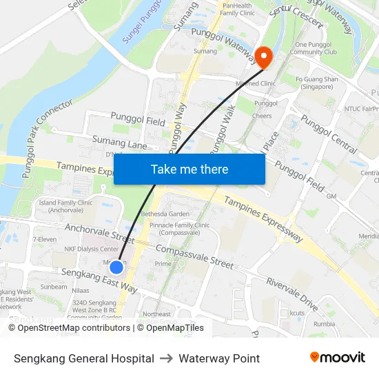 Sengkang General Hospital to Waterway Point map