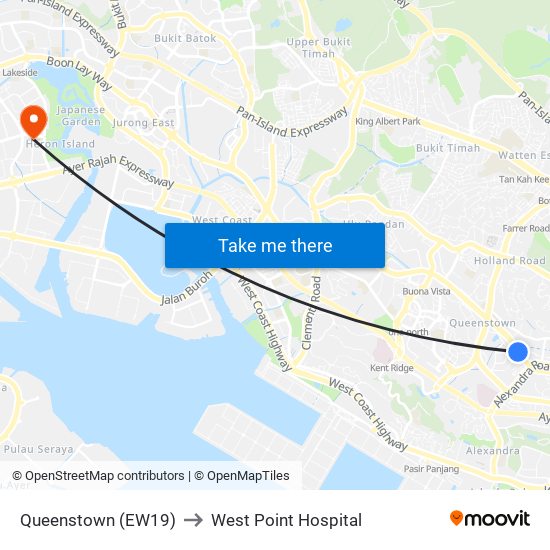 Queenstown (EW19) to West Point Hospital map