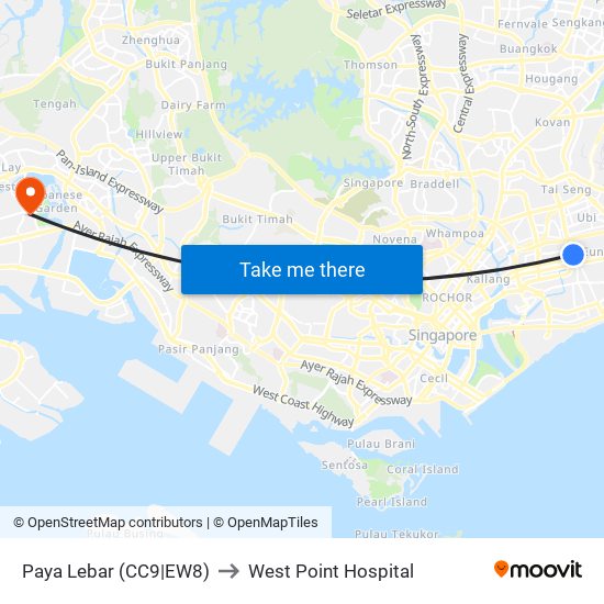Paya Lebar (CC9|EW8) to West Point Hospital map