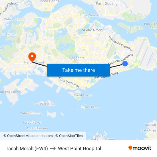 Tanah Merah (EW4) to West Point Hospital map