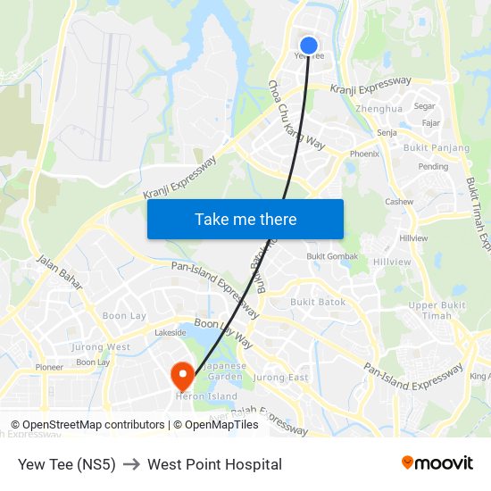 Yew Tee (NS5) to West Point Hospital map