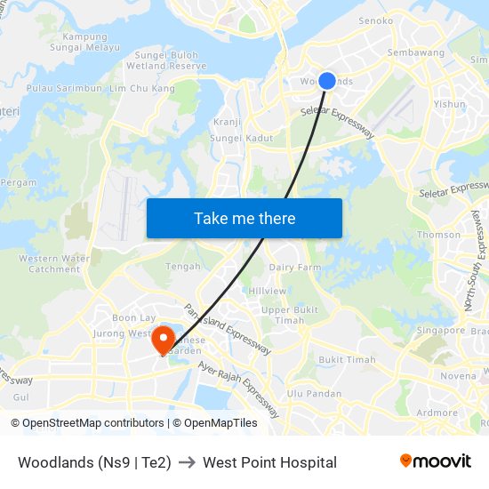 Woodlands (Ns9 | Te2) to West Point Hospital map