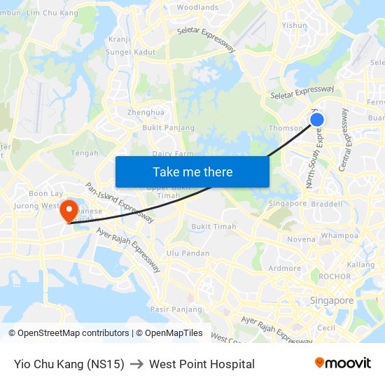 Yio Chu Kang (NS15) to West Point Hospital map