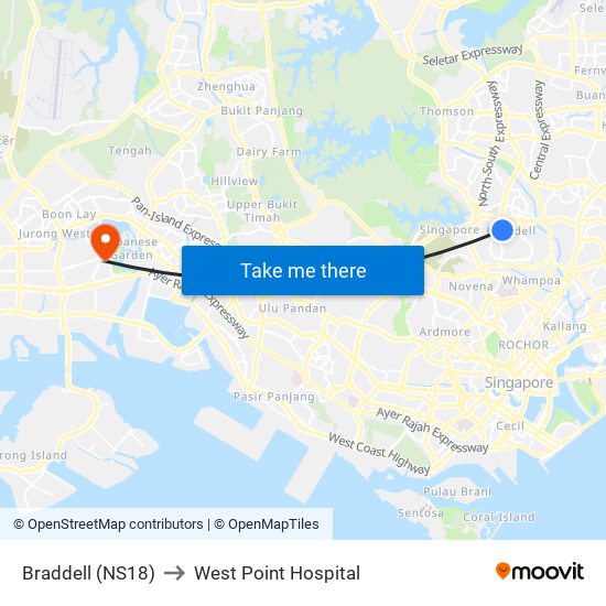 Braddell (NS18) to West Point Hospital map