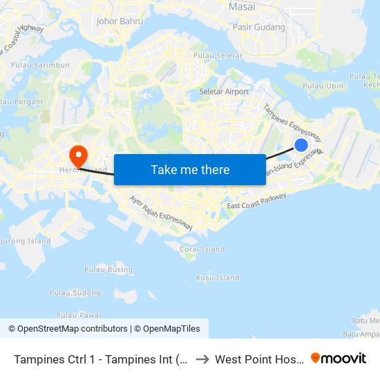 Tampines Ctrl 1 - Tampines Int (75009) to West Point Hospital map