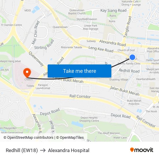 Redhill (EW18) to Alexandra Hospital map