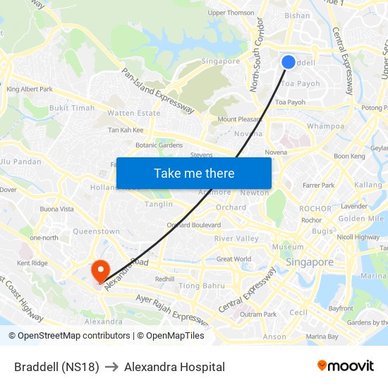 Braddell (NS18) to Alexandra Hospital map