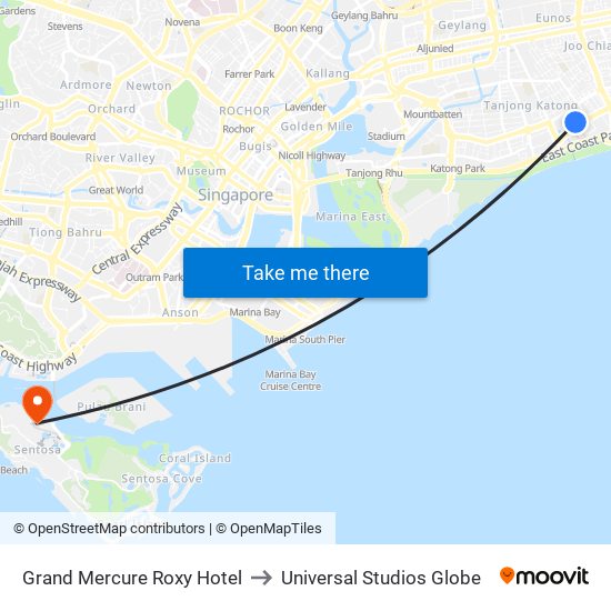 Grand Mercure Roxy Hotel to Universal Studios Globe map