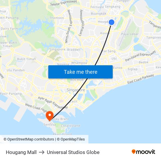 Hougang Mall to Universal Studios Globe map