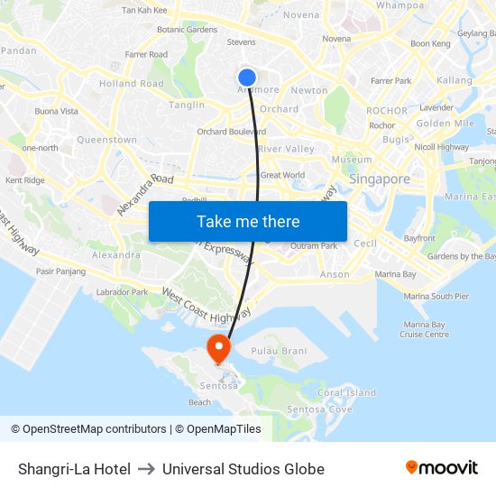 Shangri-La Hotel to Universal Studios Globe map