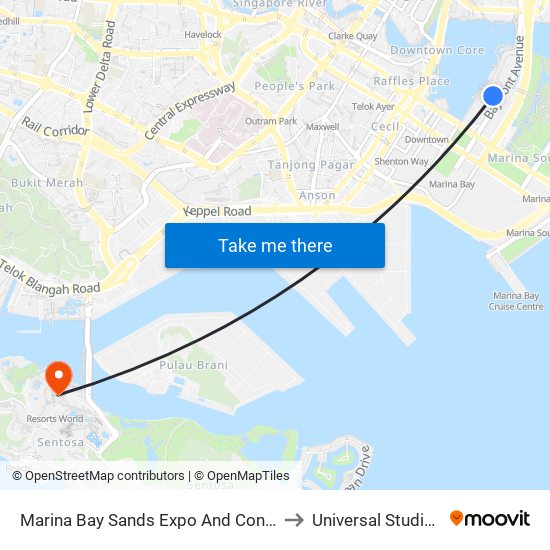 Marina Bay Sands Expo And Convention Centre to Universal Studios Globe map