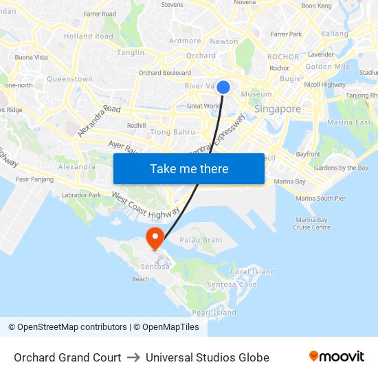 Orchard Grand Court to Universal Studios Globe map