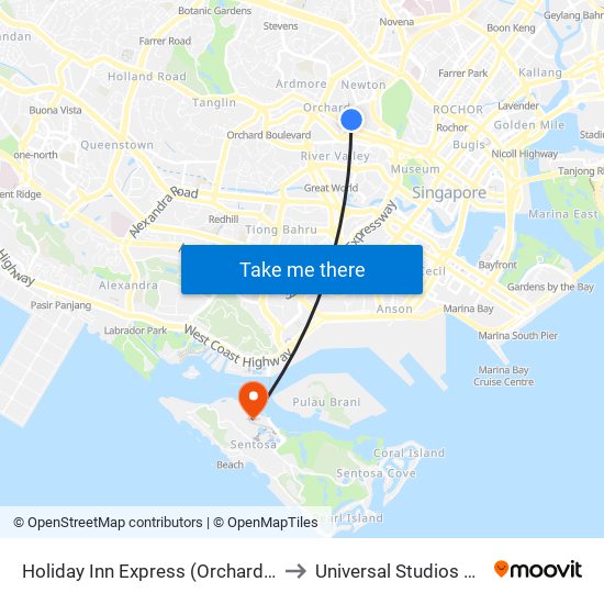 Holiday Inn Express (Orchard Road) to Universal Studios Globe map