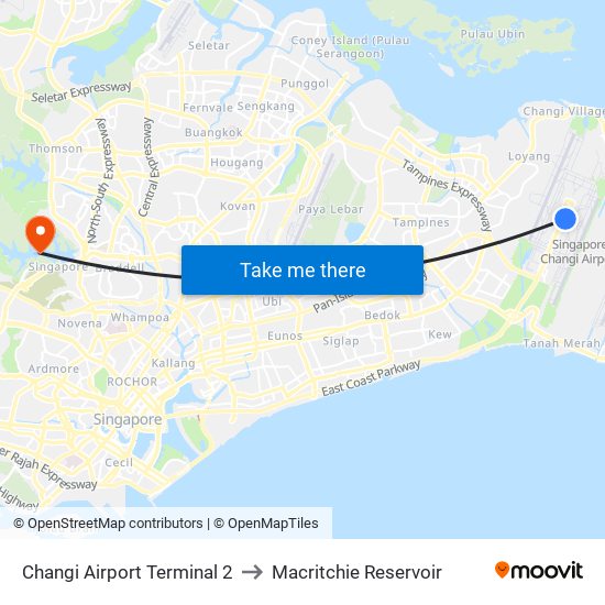 Changi Airport Terminal 2 to Macritchie Reservoir map