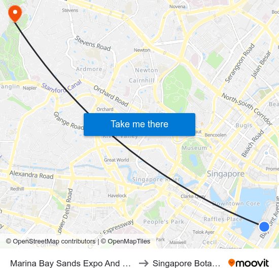 Marina Bay Sands Expo And Convention Centre to Singapore Botanic Gardens map