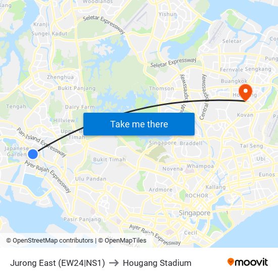 Jurong East (EW24|NS1) to Hougang Stadium map