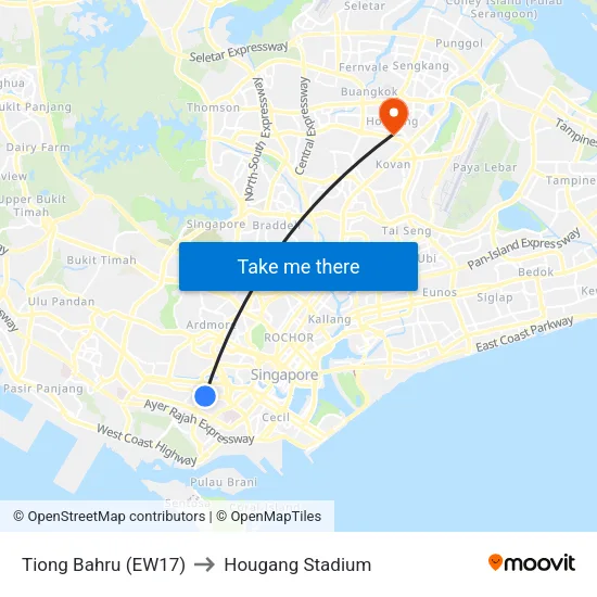 Tiong Bahru (EW17) to Hougang Stadium map