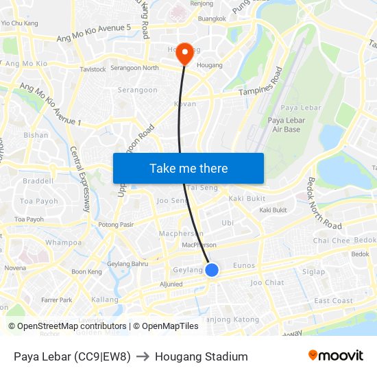Paya Lebar (CC9|EW8) to Hougang Stadium map
