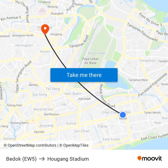 Bedok (EW5) to Hougang Stadium map