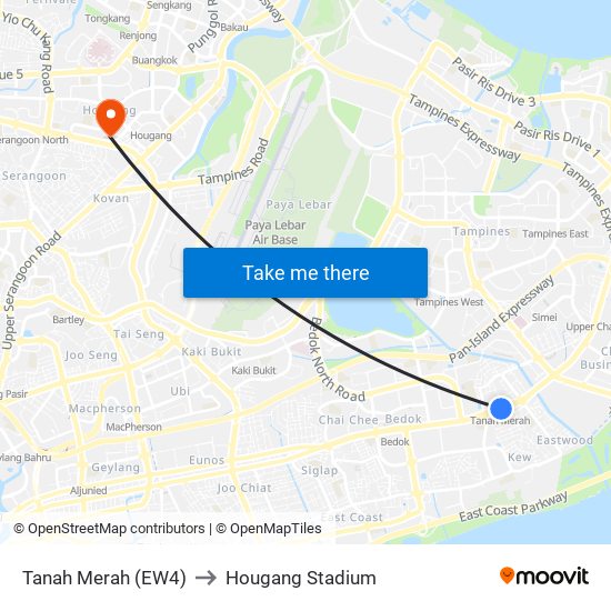Tanah Merah (EW4) to Hougang Stadium map