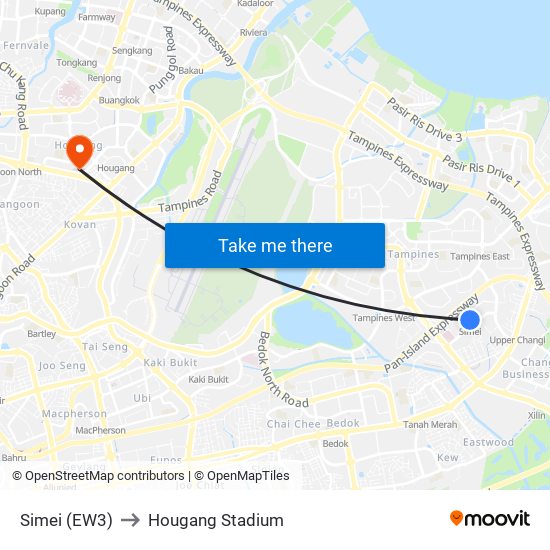 Simei (EW3) to Hougang Stadium map